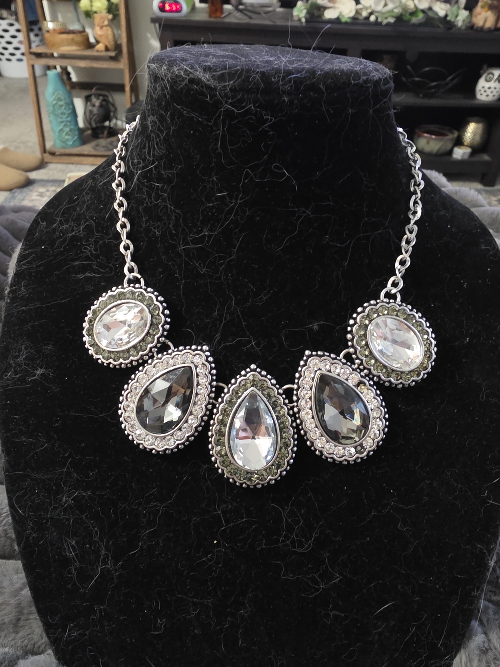 Silver-Tone Teardrop Crystal Statement Necklace - Clear  & Black Accents #76